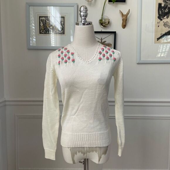 NWT NOS Vintage 70s Georgie Porgie Knit Sweater Embroidered Flowers XS - Picture 2 of 8